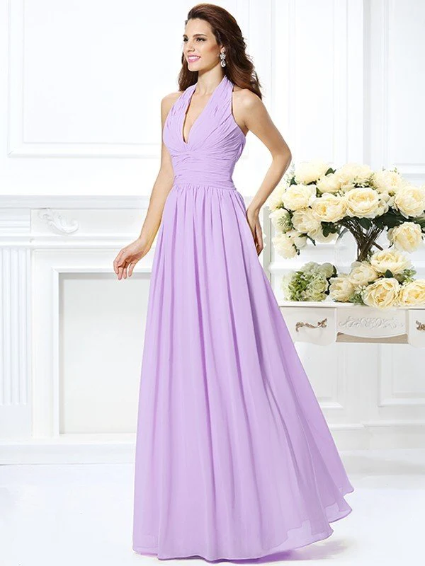 Charming Halter Pleats Sleeveless Long Chiffon Bridesmaid Dresses - Image 19