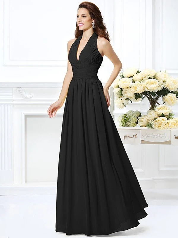 Charming Halter Pleats Sleeveless Long Chiffon Bridesmaid Dresses - Image 2