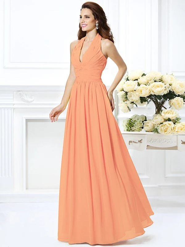Charming Halter Pleats Sleeveless Long Chiffon Bridesmaid Dresses - Image 20