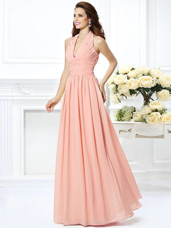 Charming Halter Pleats Sleeveless Long Chiffon Bridesmaid Dresses - Image 21