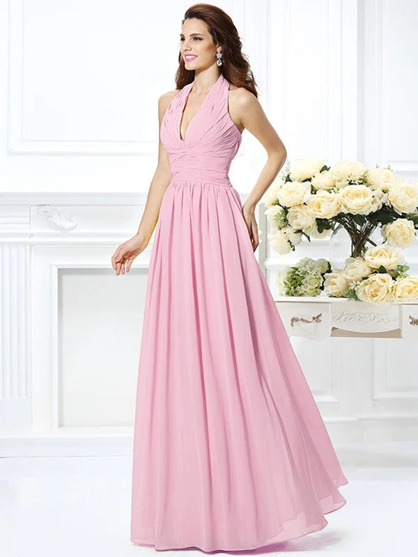 Charming Halter Pleats Sleeveless Long Chiffon Bridesmaid Dresses - Image 22