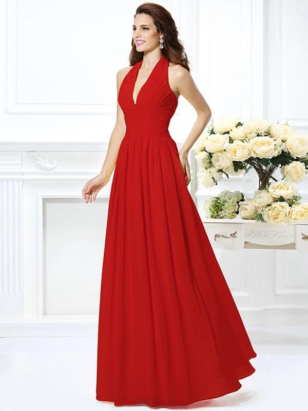 Charming Halter Pleats Sleeveless Long Chiffon Bridesmaid Dresses - Image 23