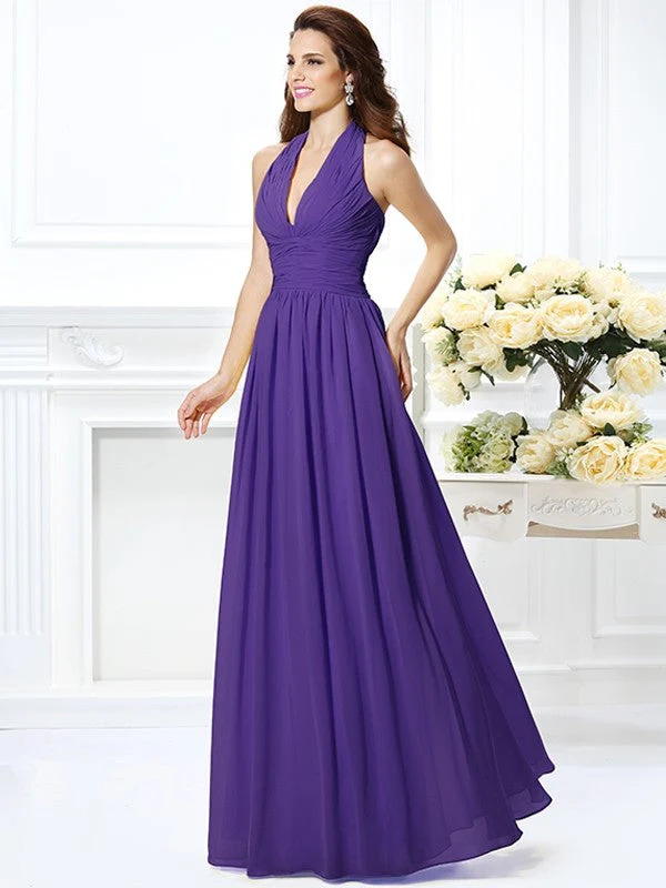 Charming Halter Pleats Sleeveless Long Chiffon Bridesmaid Dresses - Image 24