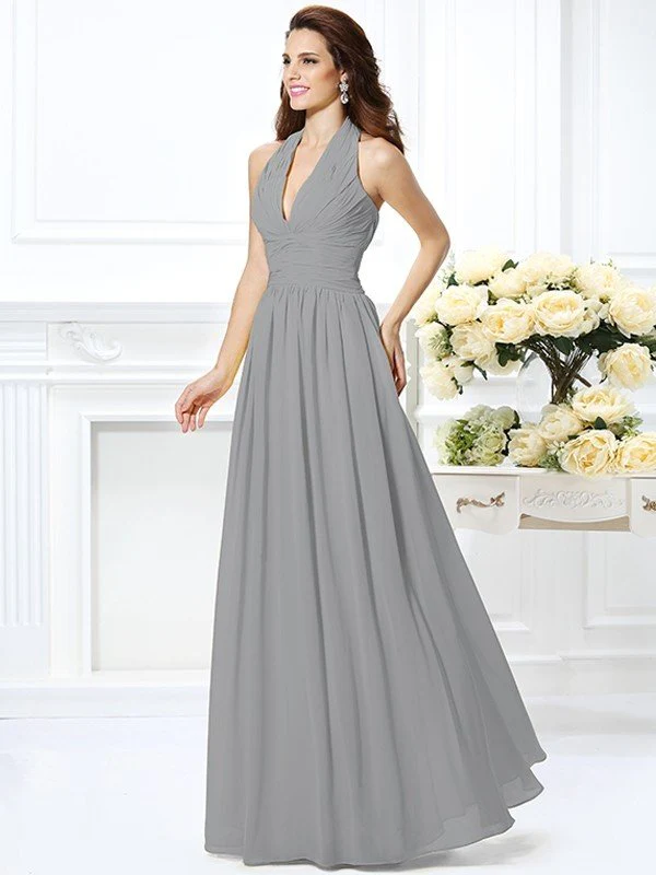 Charming Halter Pleats Sleeveless Long Chiffon Bridesmaid Dresses - Image 27