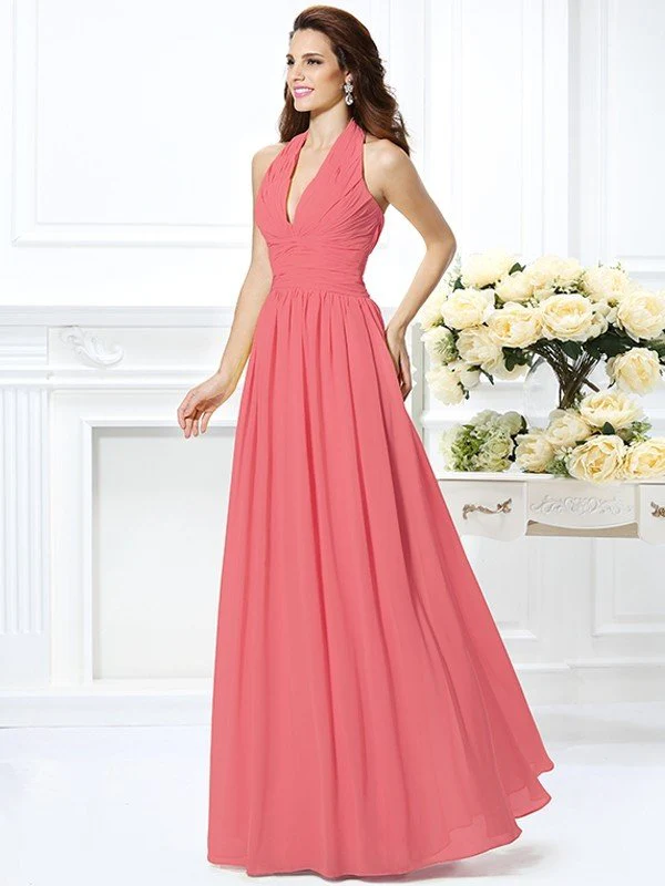 Charming Halter Pleats Sleeveless Long Chiffon Bridesmaid Dresses - Image 28