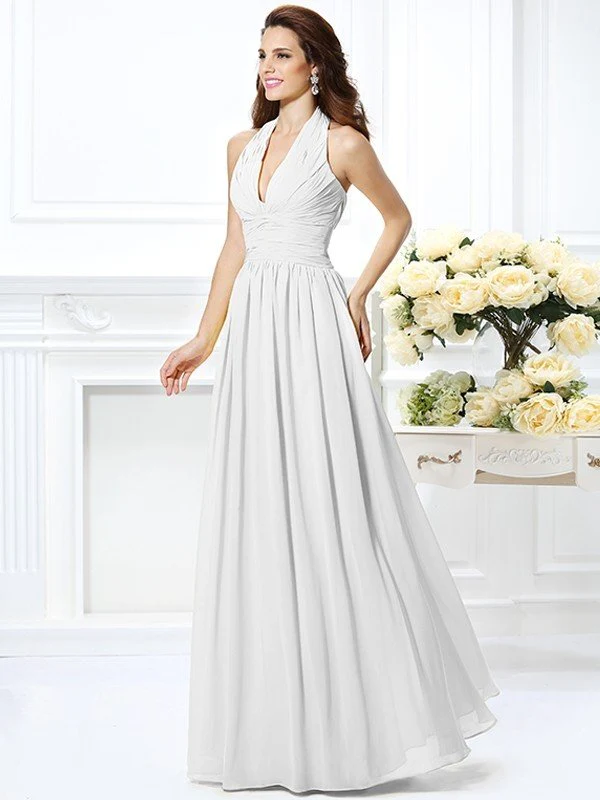 Charming Halter Pleats Sleeveless Long Chiffon Bridesmaid Dresses - Image 29