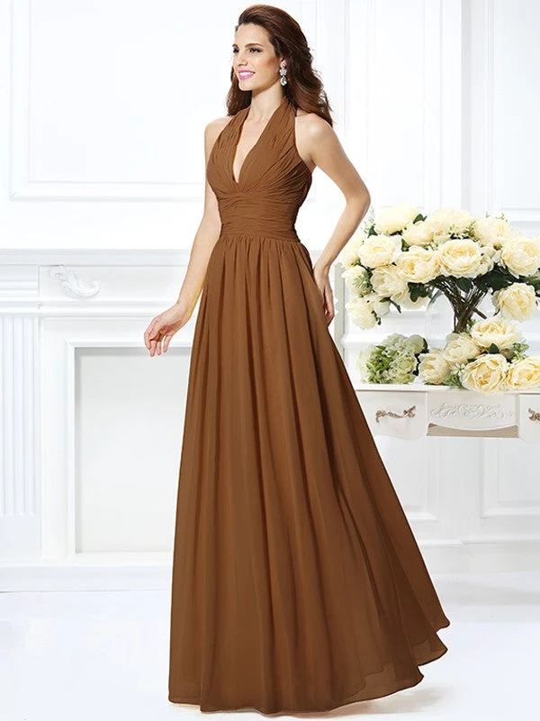 Charming Halter Pleats Sleeveless Long Chiffon Bridesmaid Dresses - Image 4