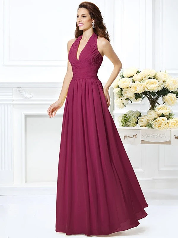 Charming Halter Pleats Sleeveless Long Chiffon Bridesmaid Dresses - Image 5