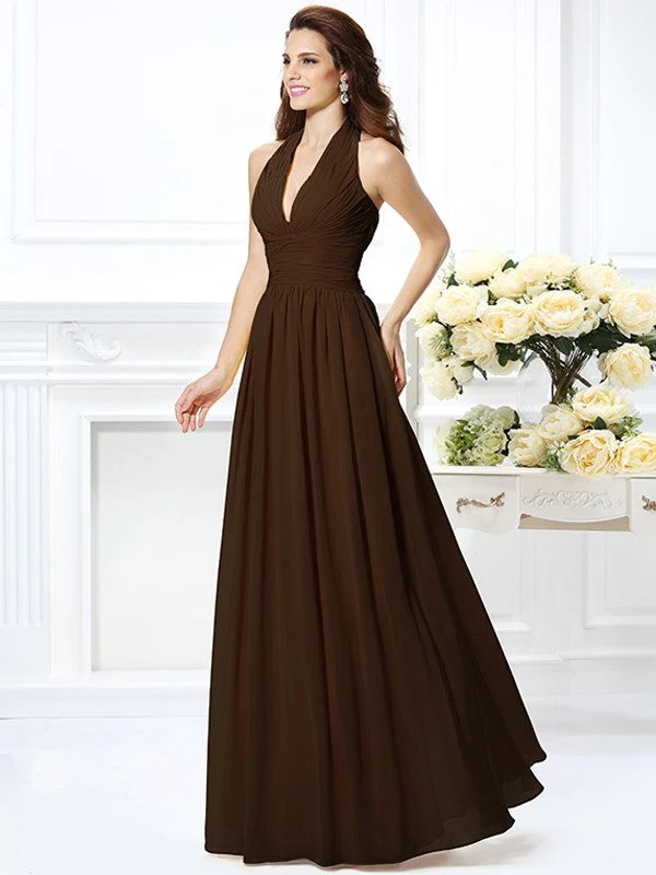 Charming Halter Pleats Sleeveless Long Chiffon Bridesmaid Dresses - Image 7