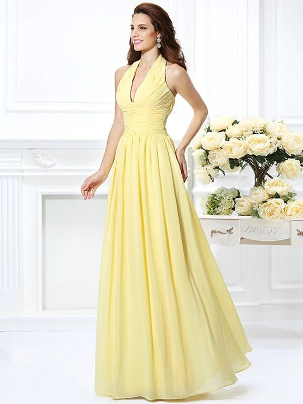 Charming Halter Pleats Sleeveless Long Chiffon Bridesmaid Dresses - Image 8