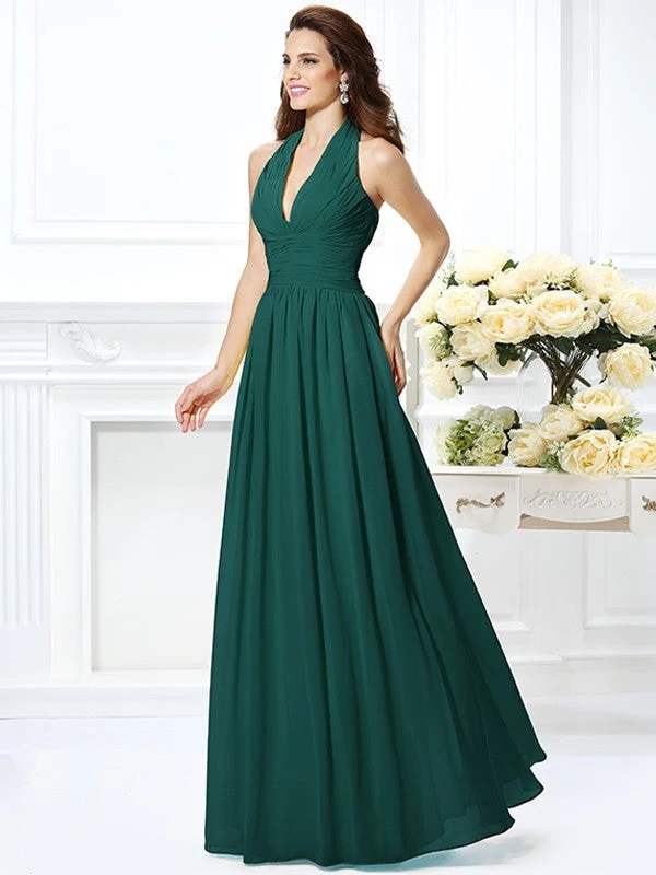 Charming Halter Pleats Sleeveless Long Chiffon Bridesmaid Dresses - Image 9