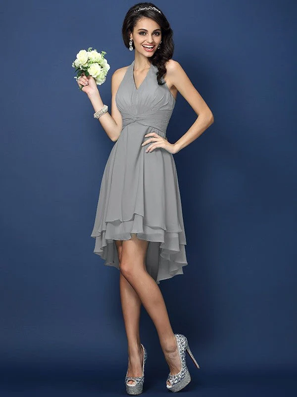 Charming Halter Pleats Sleeveless Short Chiffon Bridesmaid Dresses - Image 26