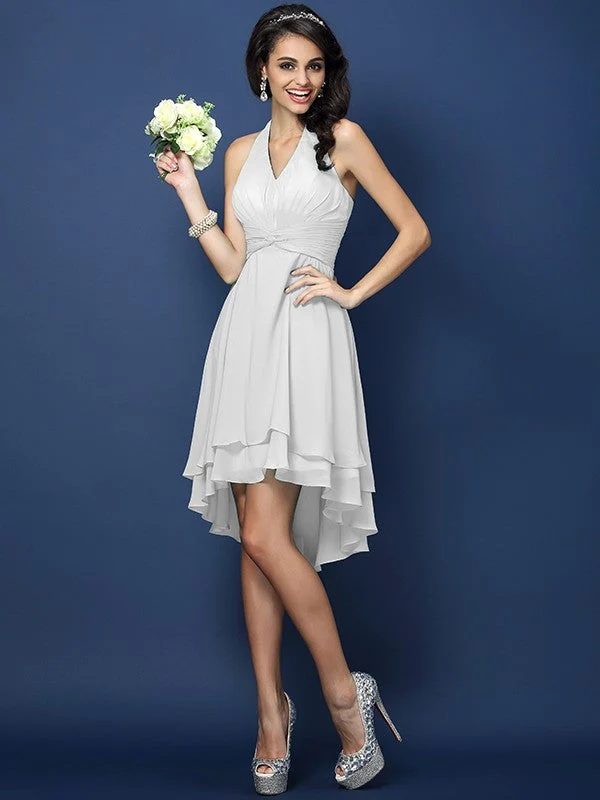 Charming Halter Pleats Sleeveless Short Chiffon Bridesmaid Dresses - Image 29