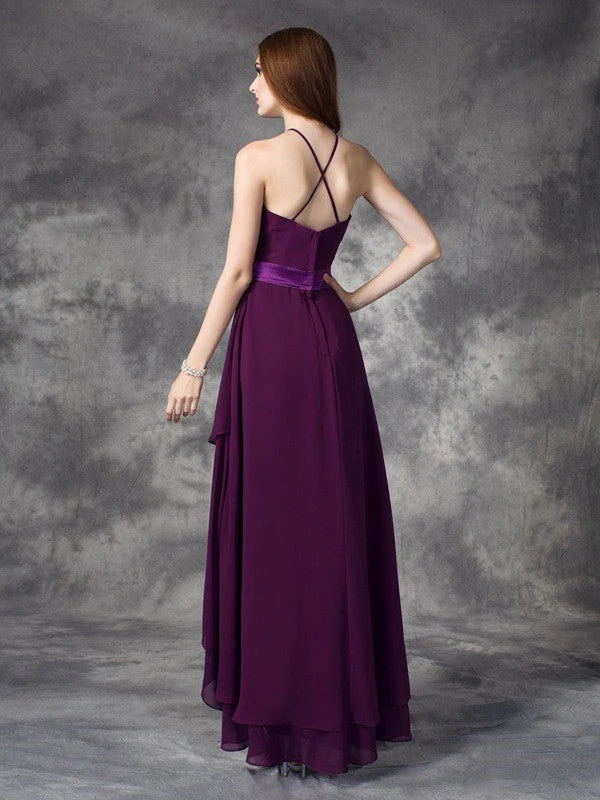 Charming Halter Ruffles Sleeveless High Low Chiffon Bridesmaid Dresses - Image 2