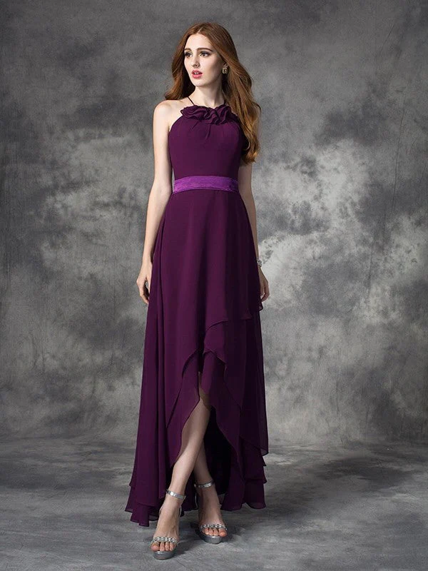 Charming Halter Ruffles Sleeveless High Low Chiffon Bridesmaid Dresses - Image 3