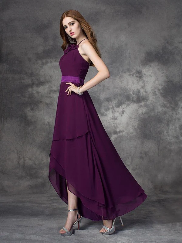Charming Halter Ruffles Sleeveless High Low Chiffon Bridesmaid Dresses - Image 4