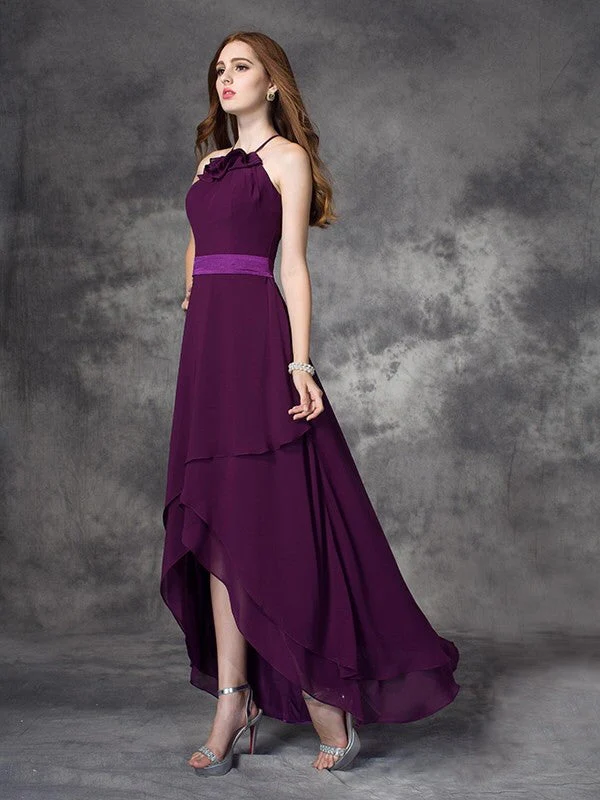 Charming Halter Ruffles Sleeveless High Low Chiffon Bridesmaid Dresses - Image 5