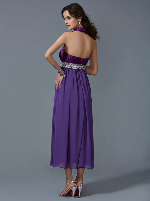 Charming Halter Sleeveless Beading Long Chiffon Bridesmaid Dresses - Image 2