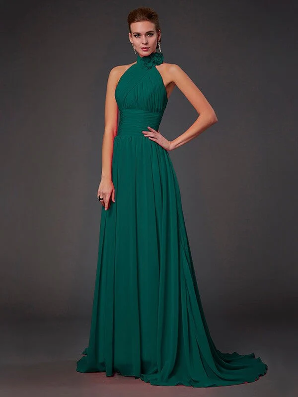 Charming Halter Sleeveless Hand-Made Flower Long Chiffon Bridesmaid Dresses - Image 10