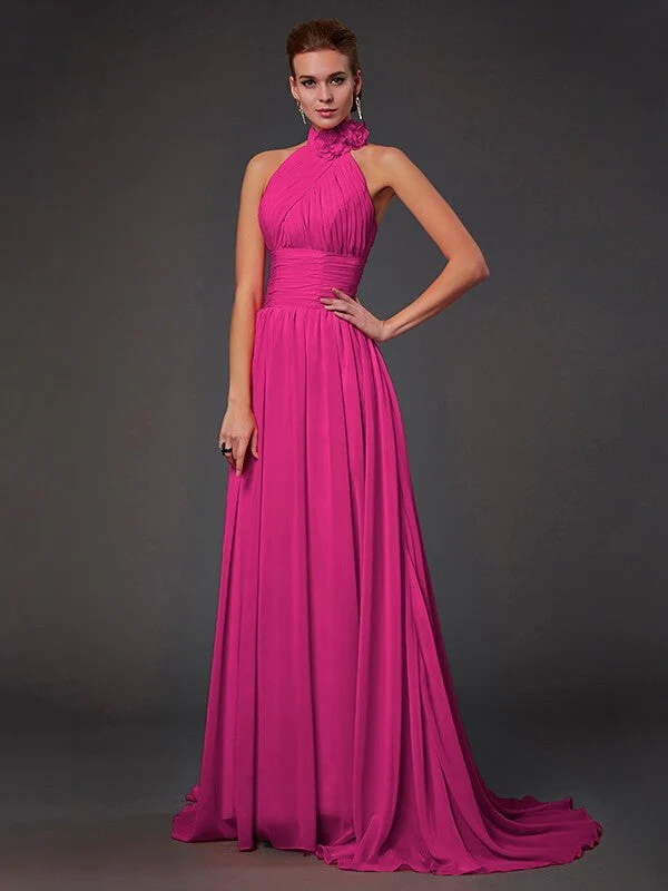 Charming Halter Sleeveless Hand-Made Flower Long Chiffon Bridesmaid Dresses - Image 11