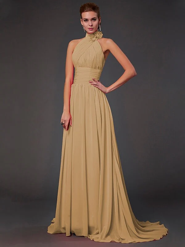 Charming Halter Sleeveless Hand-Made Flower Long Chiffon Bridesmaid Dresses - Image 12