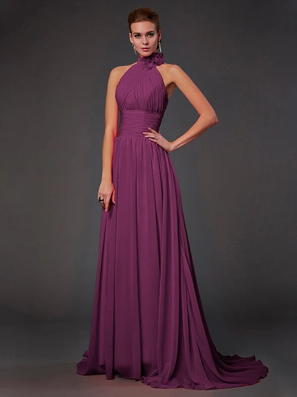 Charming Halter Sleeveless Hand-Made Flower Long Chiffon Bridesmaid Dresses - Image 13