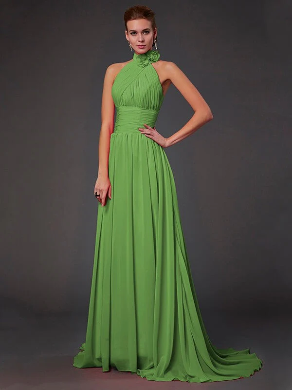 Charming Halter Sleeveless Hand-Made Flower Long Chiffon Bridesmaid Dresses - Image 14