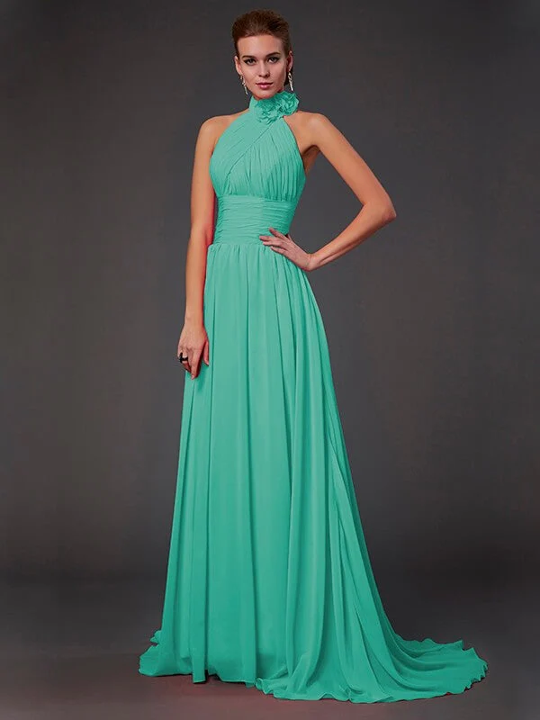 Charming Halter Sleeveless Hand-Made Flower Long Chiffon Bridesmaid Dresses - Image 15