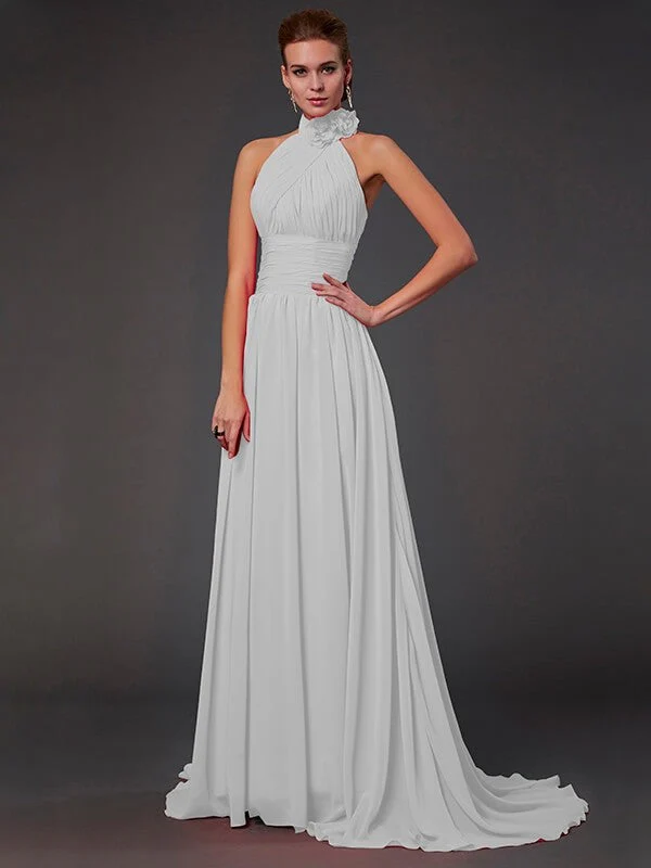 Charming Halter Sleeveless Hand-Made Flower Long Chiffon Bridesmaid Dresses - Image 16