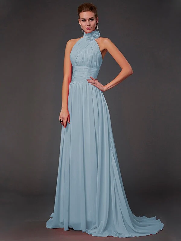 Charming Halter Sleeveless Hand-Made Flower Long Chiffon Bridesmaid Dresses - Image 17