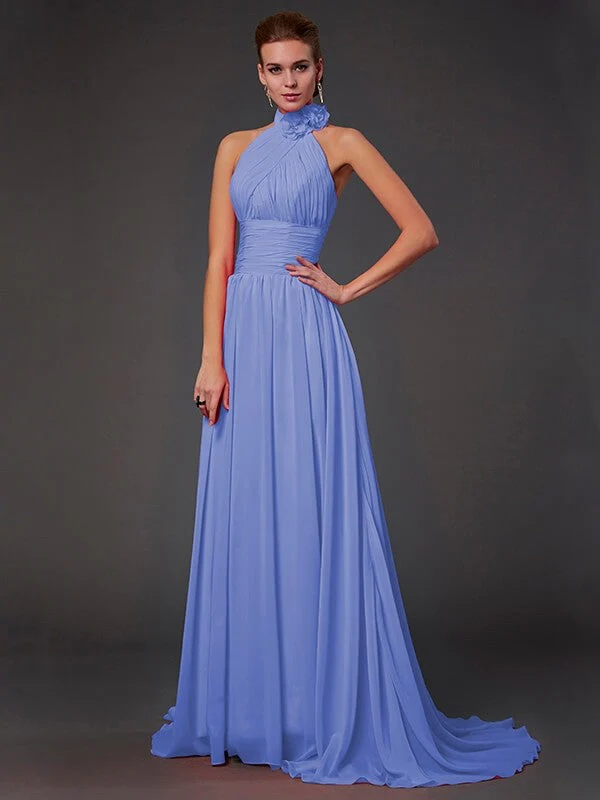 Charming Halter Sleeveless Hand-Made Flower Long Chiffon Bridesmaid Dresses - Image 18