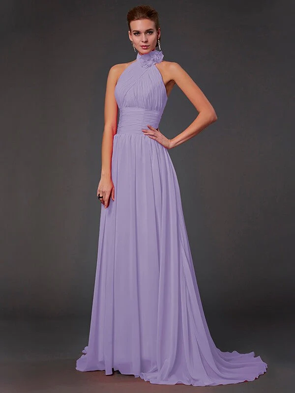 Charming Halter Sleeveless Hand-Made Flower Long Chiffon Bridesmaid Dresses - Image 19