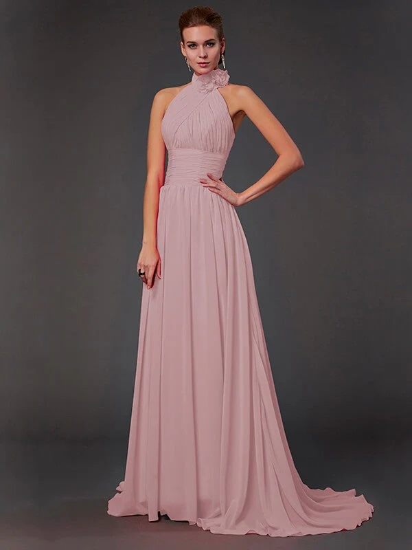 Charming Halter Sleeveless Hand-Made Flower Long Chiffon Bridesmaid Dresses - Image 20