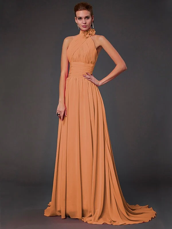 Charming Halter Sleeveless Hand-Made Flower Long Chiffon Bridesmaid Dresses - Image 21