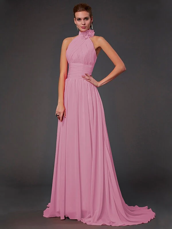 Charming Halter Sleeveless Hand-Made Flower Long Chiffon Bridesmaid Dresses - Image 22