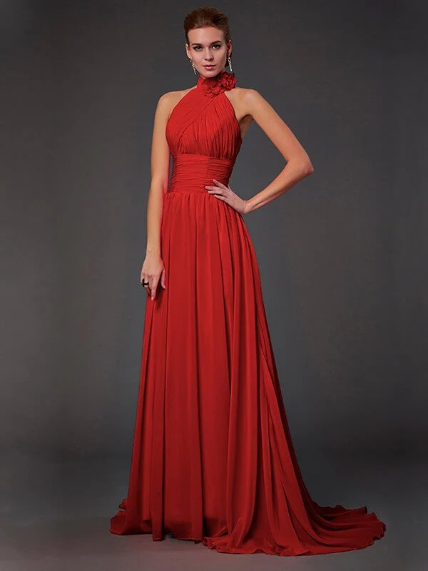Charming Halter Sleeveless Hand-Made Flower Long Chiffon Bridesmaid Dresses - Image 23