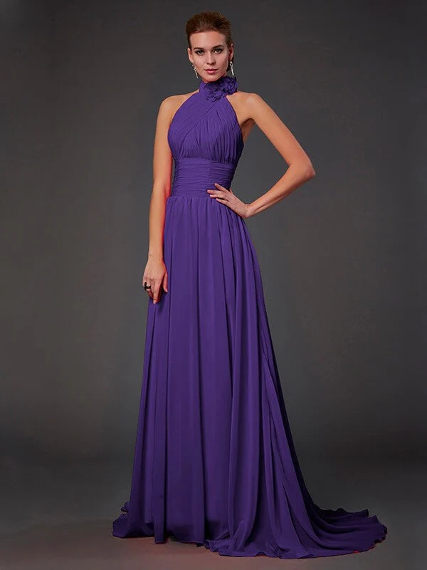 Charming Halter Sleeveless Hand-Made Flower Long Chiffon Bridesmaid Dresses - Image 24