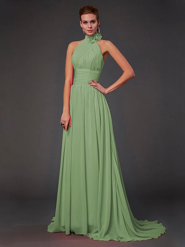Charming Halter Sleeveless Hand-Made Flower Long Chiffon Bridesmaid Dresses - Image 25