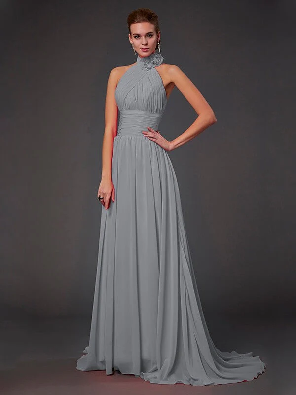 Charming Halter Sleeveless Hand-Made Flower Long Chiffon Bridesmaid Dresses - Image 26