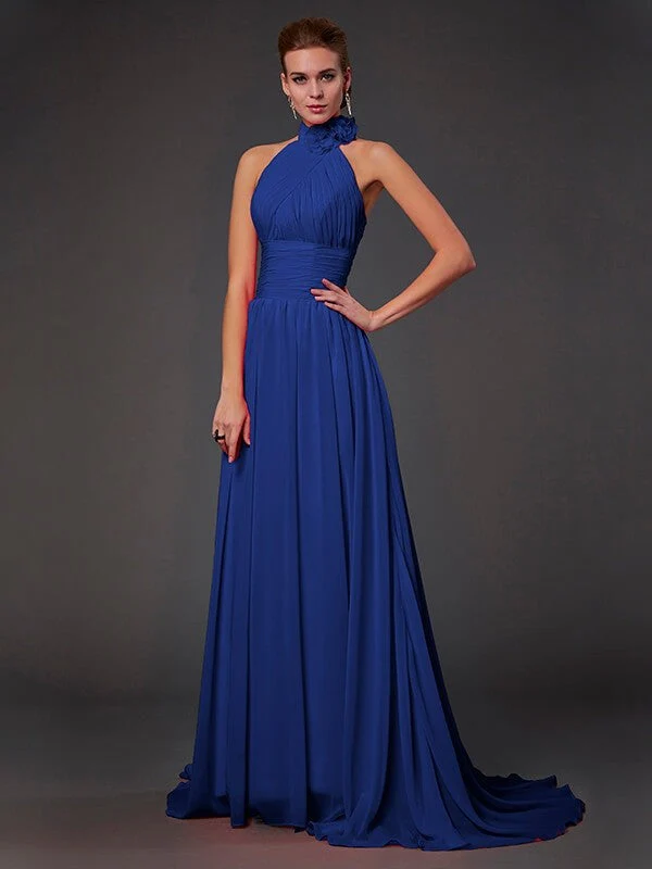 Charming Halter Sleeveless Hand-Made Flower Long Chiffon Bridesmaid Dresses - Image 27