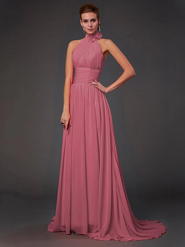 Charming Halter Sleeveless Hand-Made Flower Long Chiffon Bridesmaid Dresses - Image 28