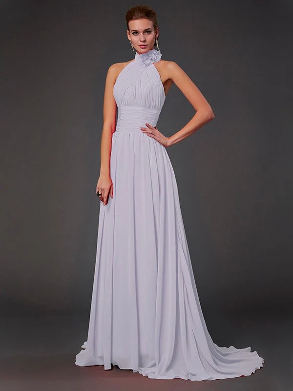 Charming Halter Sleeveless Hand-Made Flower Long Chiffon Bridesmaid Dresses - Image 29