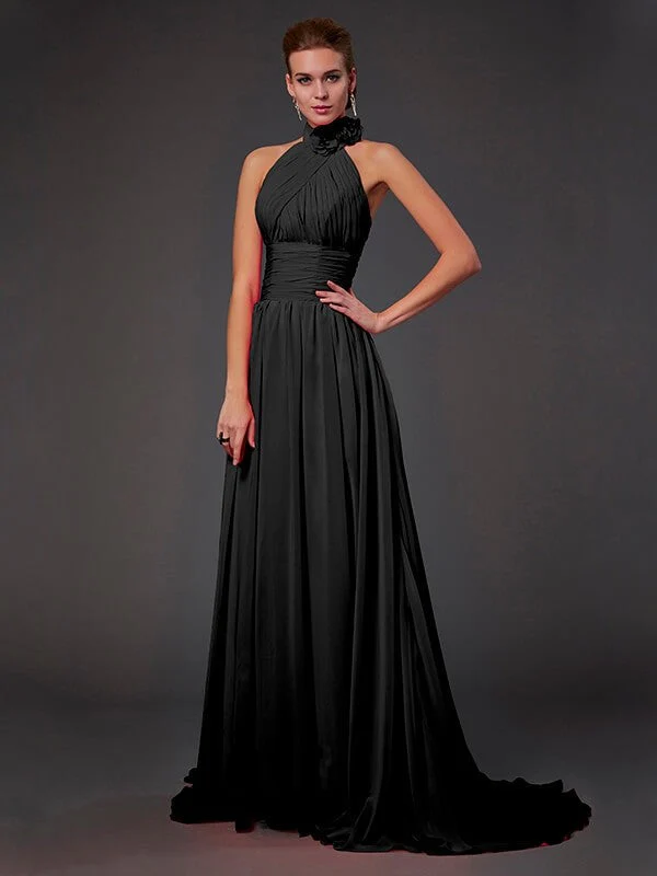 Charming Halter Sleeveless Hand-Made Flower Long Chiffon Bridesmaid Dresses - Image 3