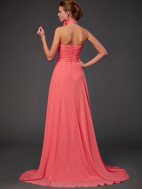 Charming Halter Sleeveless Hand-Made Flower Long Chiffon Bridesmaid Dresses - Image 30