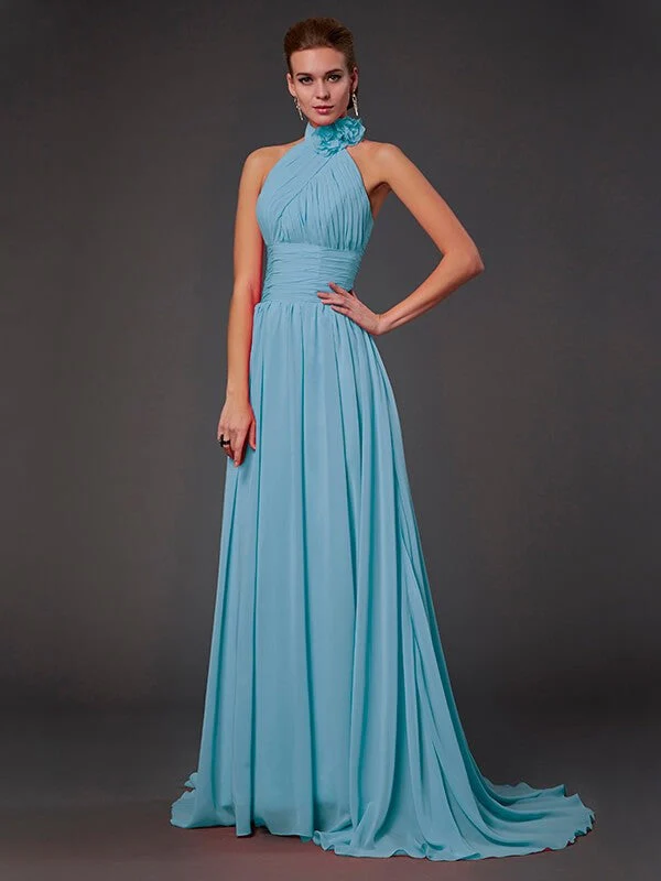 Charming Halter Sleeveless Hand-Made Flower Long Chiffon Bridesmaid Dresses - Image 4