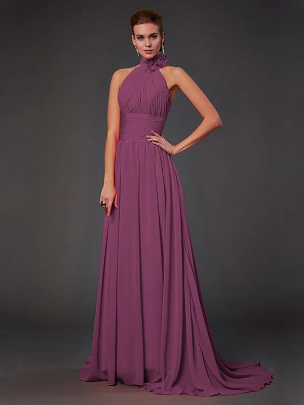 Charming Halter Sleeveless Hand-Made Flower Long Chiffon Bridesmaid Dresses - Image 5