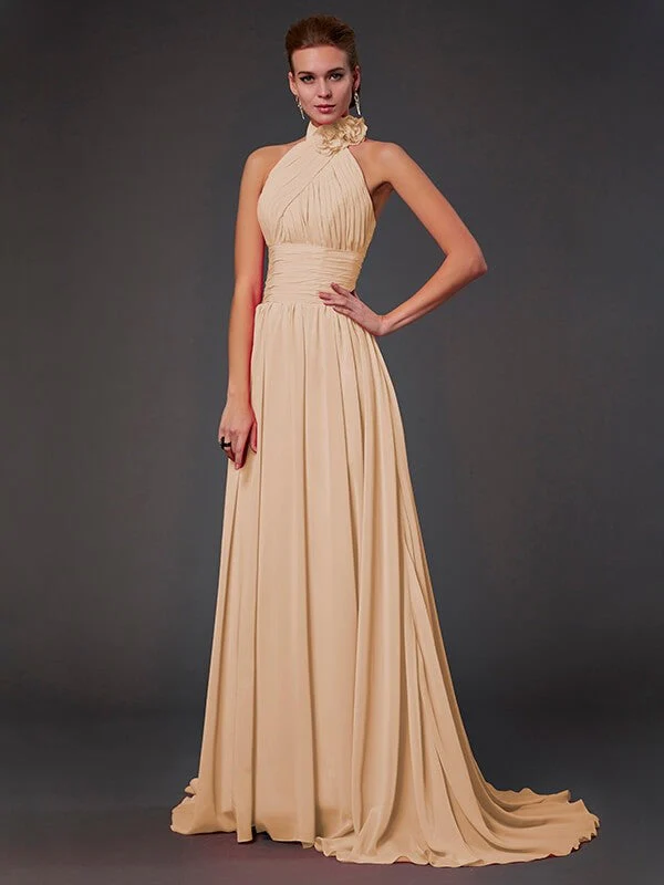 Charming Halter Sleeveless Hand-Made Flower Long Chiffon Bridesmaid Dresses - Image 6