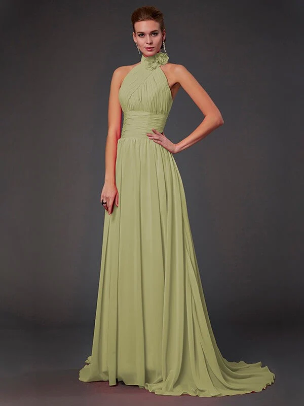 Charming Halter Sleeveless Hand-Made Flower Long Chiffon Bridesmaid Dresses - Image 7