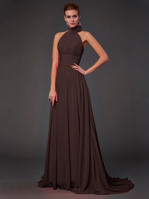 Charming Halter Sleeveless Hand-Made Flower Long Chiffon Bridesmaid Dresses - Image 8