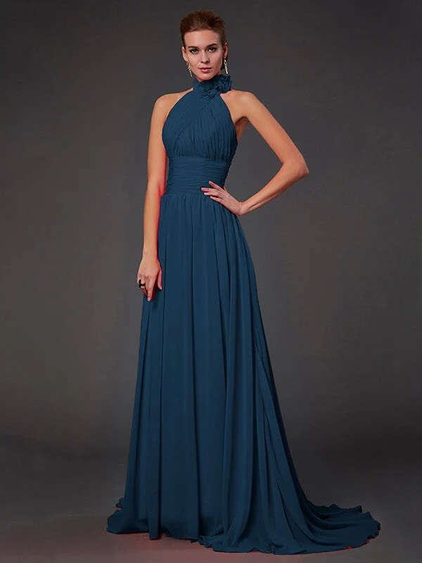 Charming Halter Sleeveless Hand-Made Flower Long Chiffon Bridesmaid Dresses - Image 9